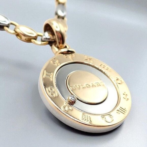 Authentic! Bulgari Bvlgari 18k Yellow Gold Steel Diamond Zodiac Pendant Necklace - Picture 2 of 16